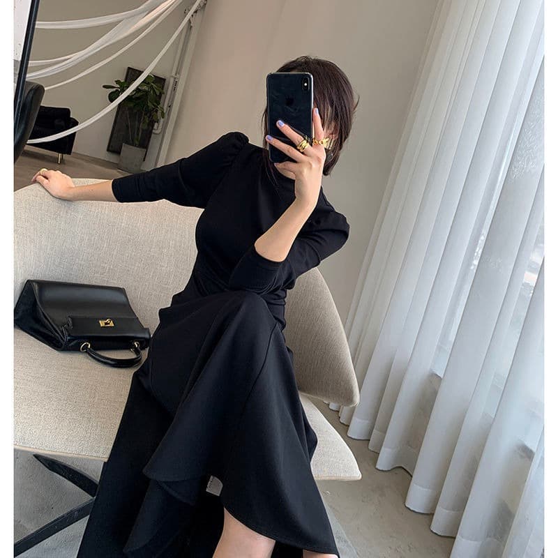 검정색 긴팔 드레스 봄 가을 새로운 한국 스타일 허리 수축 슬림해 보이는 인터넷 유명인 큰 진자 치마 한국 대외 무역 국경 간 상세 이미지 12