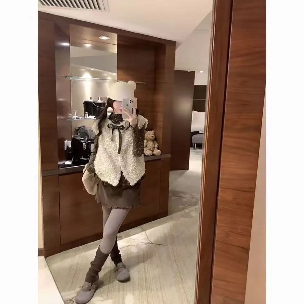 한 부서 달콤함 가을 겨울 새로운 도트 무늬 기본 셔츠 나비 매듭 배색 플리스 플러시 베스트 재킷 투피스 슈트 여성 이미지 4