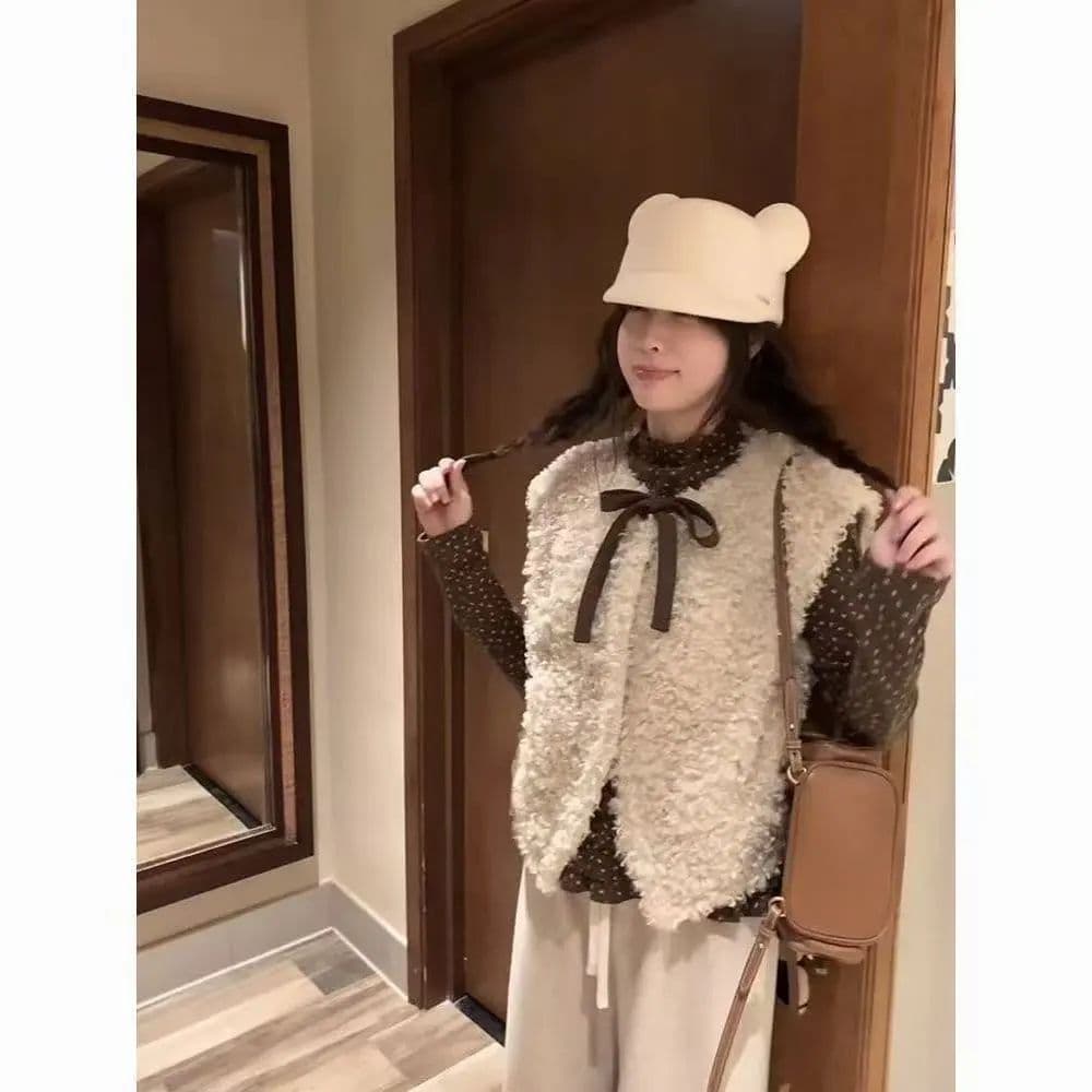 한 부서 달콤함 가을 겨울 새로운 도트 무늬 기본 셔츠 나비 매듭 배색 플리스 플러시 베스트 재킷 투피스 슈트 여성 상세 이미지 3