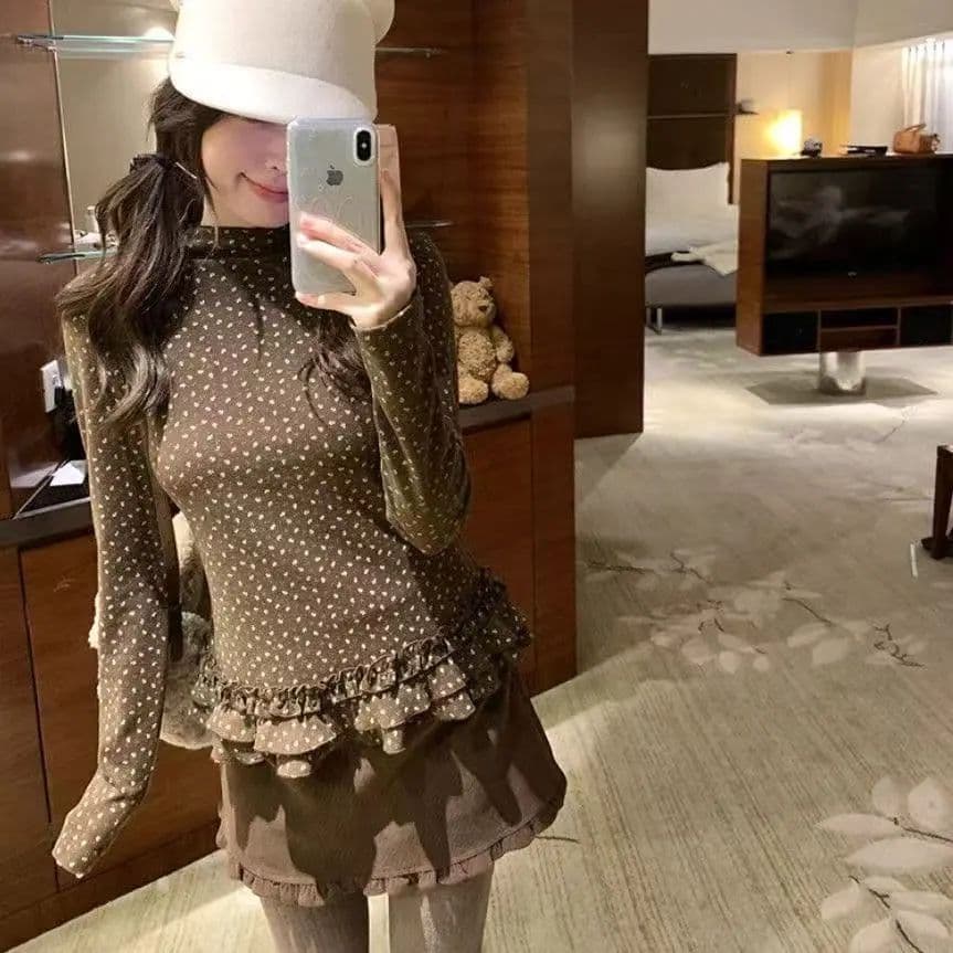 한 부서 달콤함 가을 겨울 새로운 도트 무늬 기본 셔츠 나비 매듭 배색 플리스 플러시 베스트 재킷 투피스 슈트 여성 상세 이미지 14