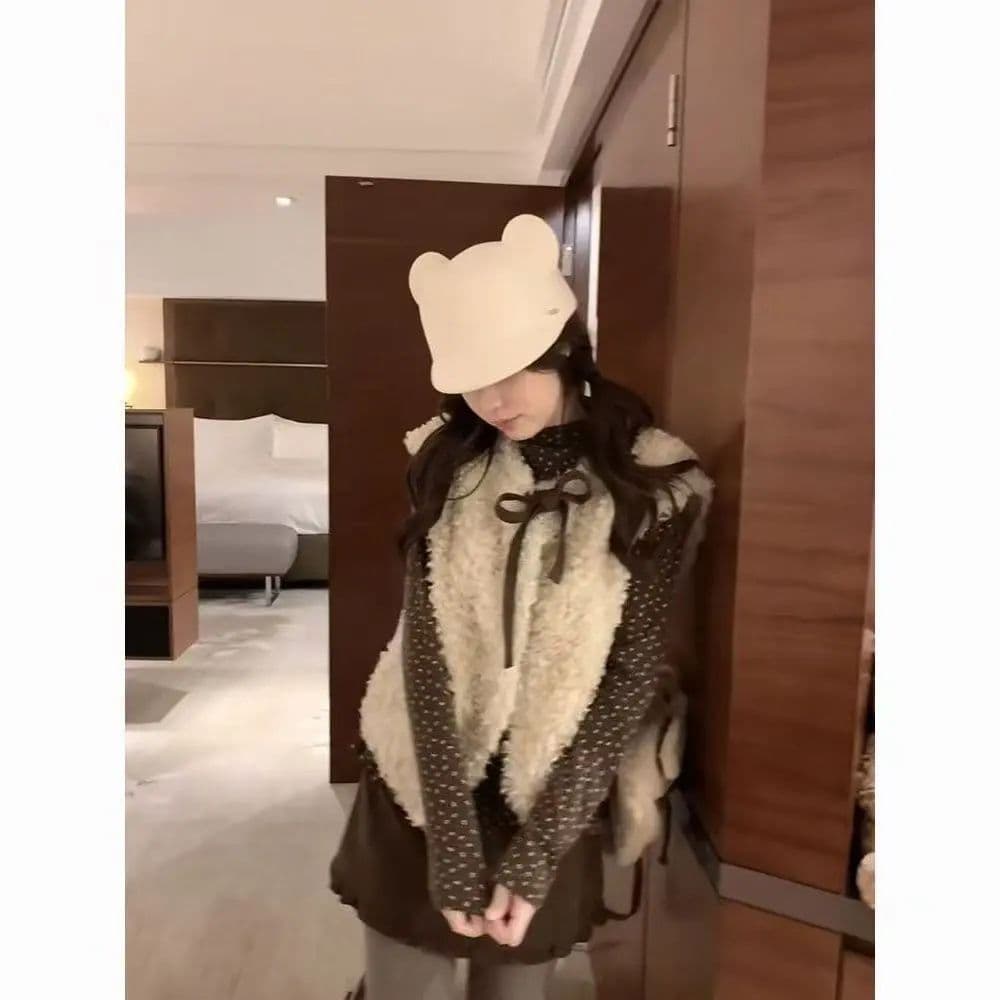 한 부서 달콤함 가을 겨울 새로운 도트 무늬 기본 셔츠 나비 매듭 배색 플리스 플러시 베스트 재킷 투피스 슈트 여성 상세 이미지 15