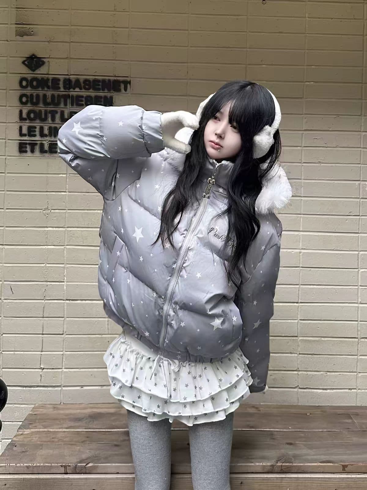 카레 사람들 겨울 귀여운 별 프린트 모피 칼라 후드 면 의류 여성 코트 새로운 두꺼운 보온 맨위 일본과 한국 이미지 2