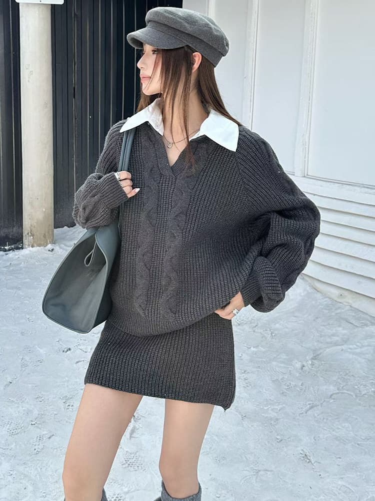 한 셔츠 칼라 스웨터 세트 여성 패치워크 색상 칼라 페이크 레이어드 맨위 하이웨이스트 미니 스커트 투피스 세트 가을 새로운 상세 이미지 5