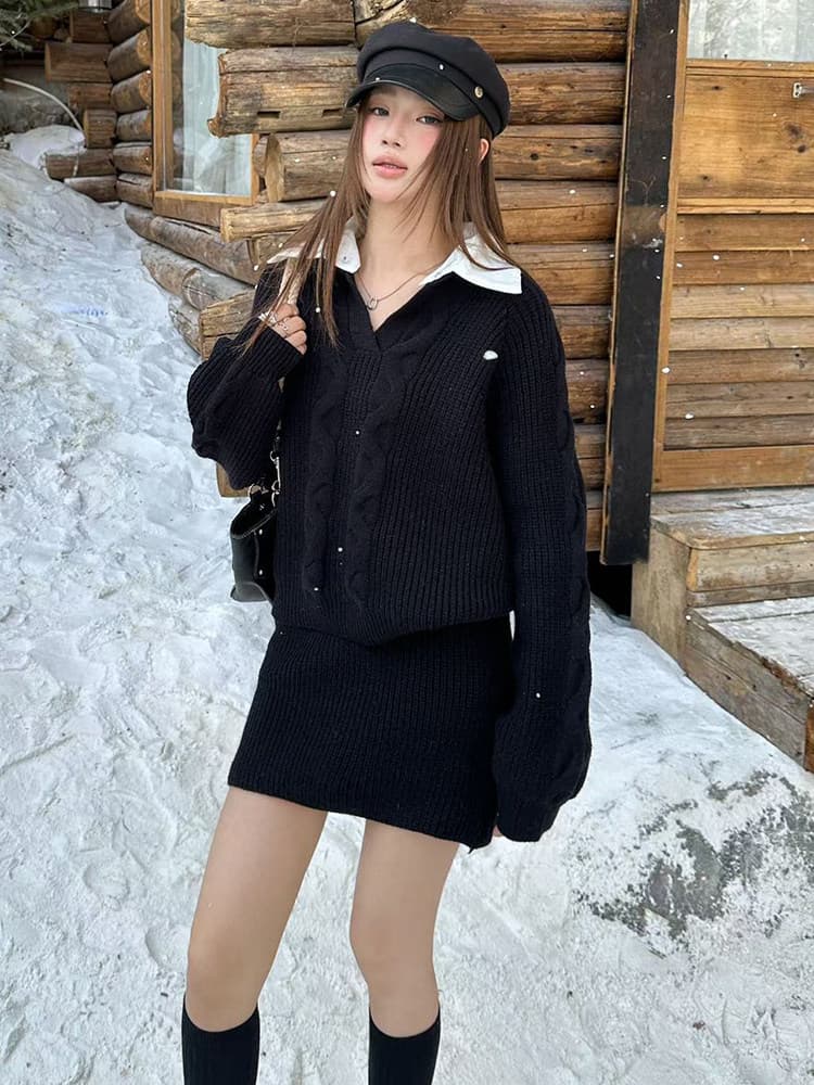 한 셔츠 칼라 스웨터 세트 여성 패치워크 색상 칼라 페이크 레이어드 맨위 하이웨이스트 미니 스커트 투피스 세트 가을 새로운 상세 이미지 8