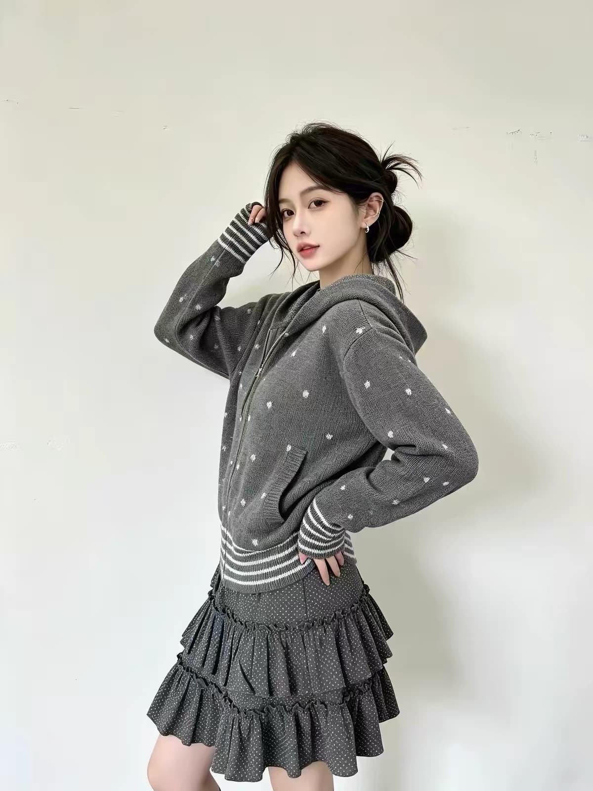 한 부서 레트로 도트 무늬 후드 니트 오픈 가디건 여성 가을 착용 가져 가라. 느긋한 학원 스타일 배색 스트라이프 스웨터 코트 상세 이미지 1