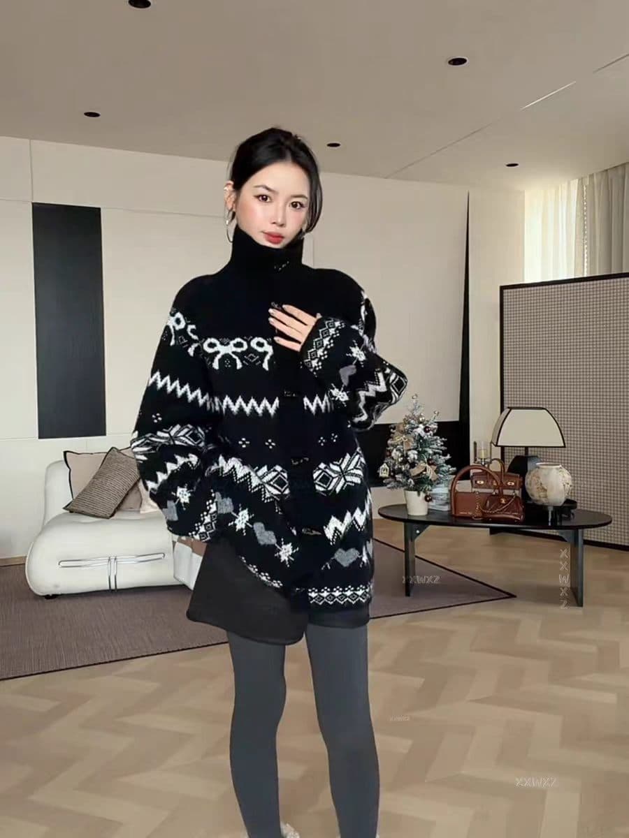 한 부서 겨울 아름다운 자이언트 잘 생긴 부드러운 연령 감소 품격 루즈핏 느긋한 고급 센스 공정한 섬 오프숄더 스웨터 이미지 2
