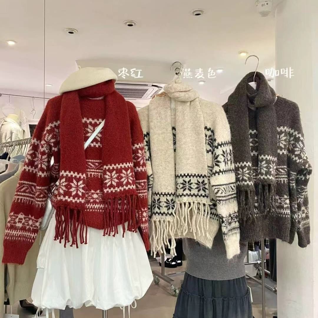 한 부서 새로운 패션 디자인 센스 라운드 넥 레트로 자카드 패치워크 색상 부드러운 찹쌀 니트 스웨터 여성 벨트 스카프 예쁜 스웨터 이미지 2