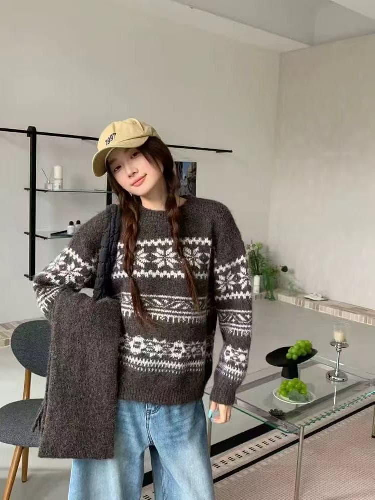 한 부서 새로운 패션 디자인 센스 라운드 넥 레트로 자카드 패치워크 색상 부드러운 찹쌀 니트 스웨터 여성 벨트 스카프 예쁜 스웨터 이미지 3