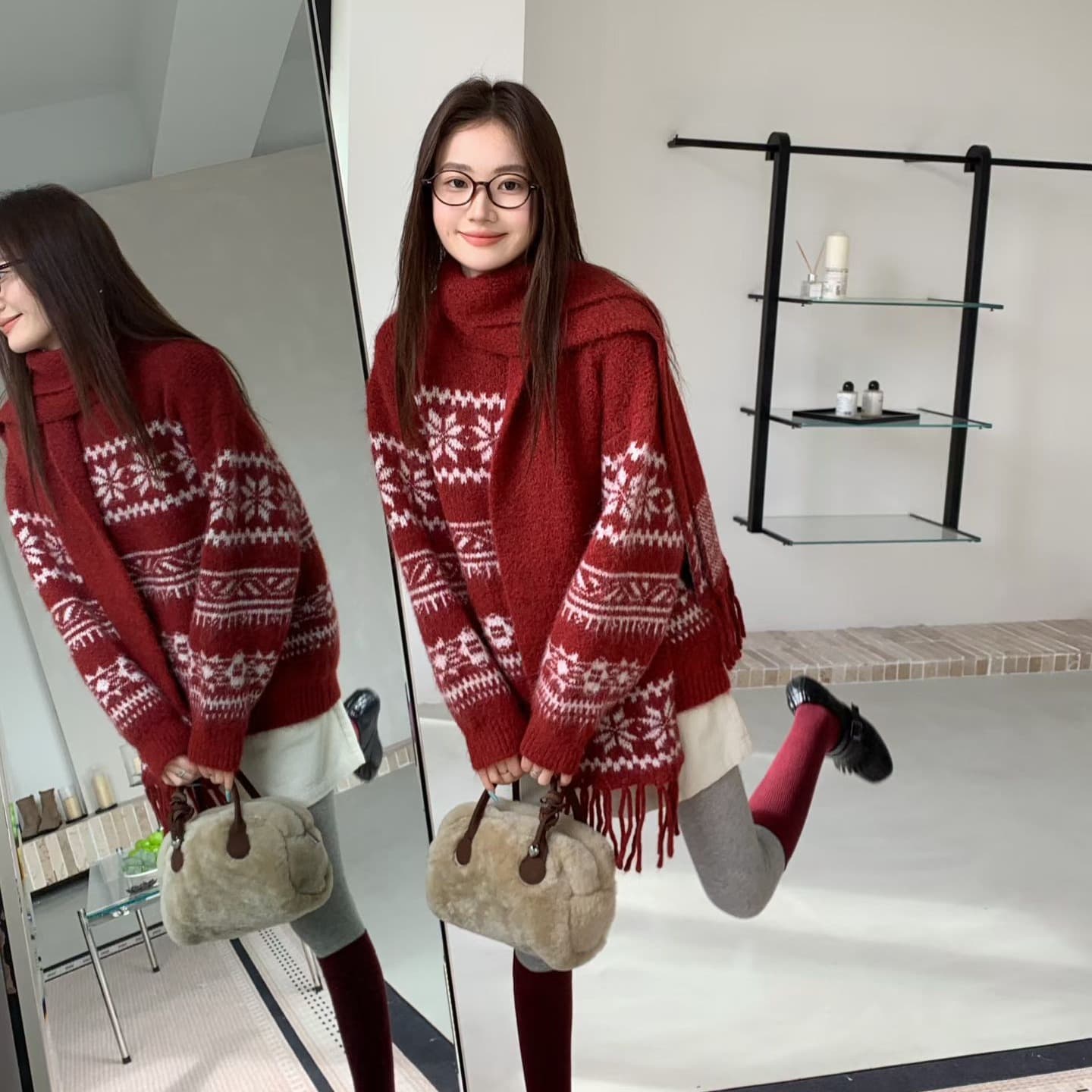 한 부서 새로운 패션 디자인 센스 라운드 넥 레트로 자카드 패치워크 색상 부드러운 찹쌀 니트 스웨터 여성 벨트 스카프 예쁜 스웨터 이미지 5
