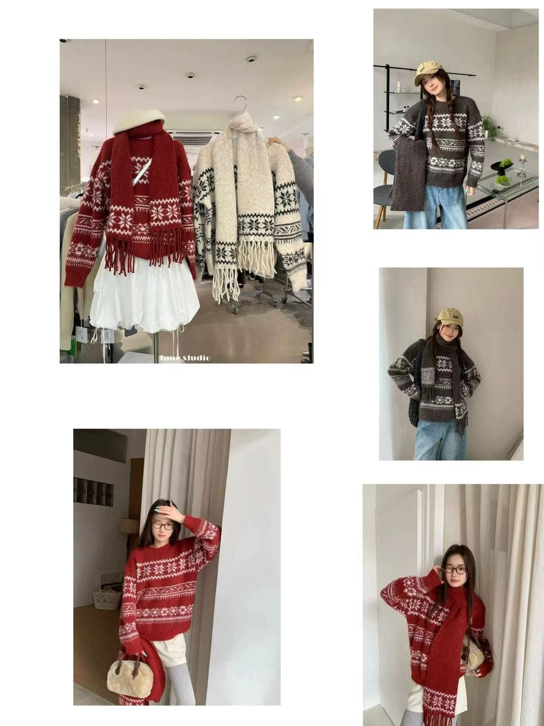 한 부서 새로운 패션 디자인 센스 라운드 넥 레트로 자카드 패치워크 색상 부드러운 찹쌀 니트 스웨터 여성 벨트 스카프 예쁜 스웨터 상세 이미지 6