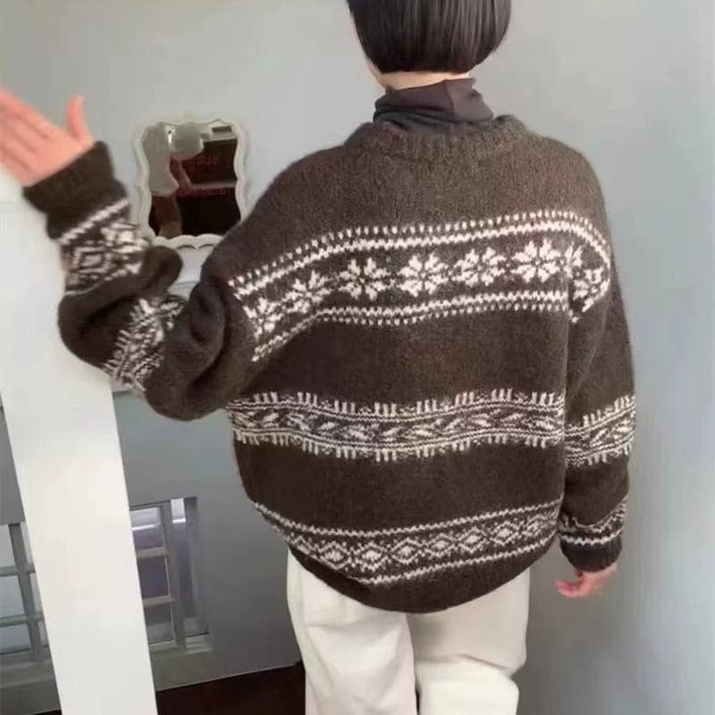 한 부서 새로운 패션 디자인 센스 라운드 넥 레트로 자카드 패치워크 색상 부드러운 찹쌀 니트 스웨터 여성 벨트 스카프 예쁜 스웨터 상세 이미지 11