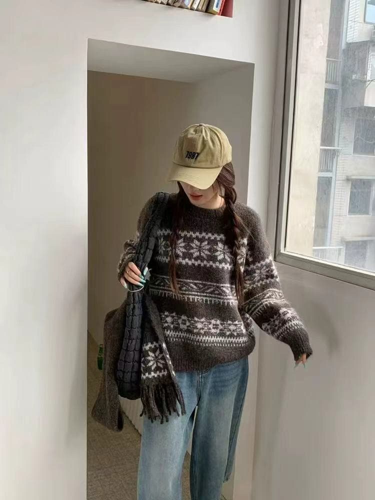 한 부서 새로운 패션 디자인 센스 라운드 넥 레트로 자카드 패치워크 색상 부드러운 찹쌀 니트 스웨터 여성 벨트 스카프 예쁜 스웨터 상세 이미지 12