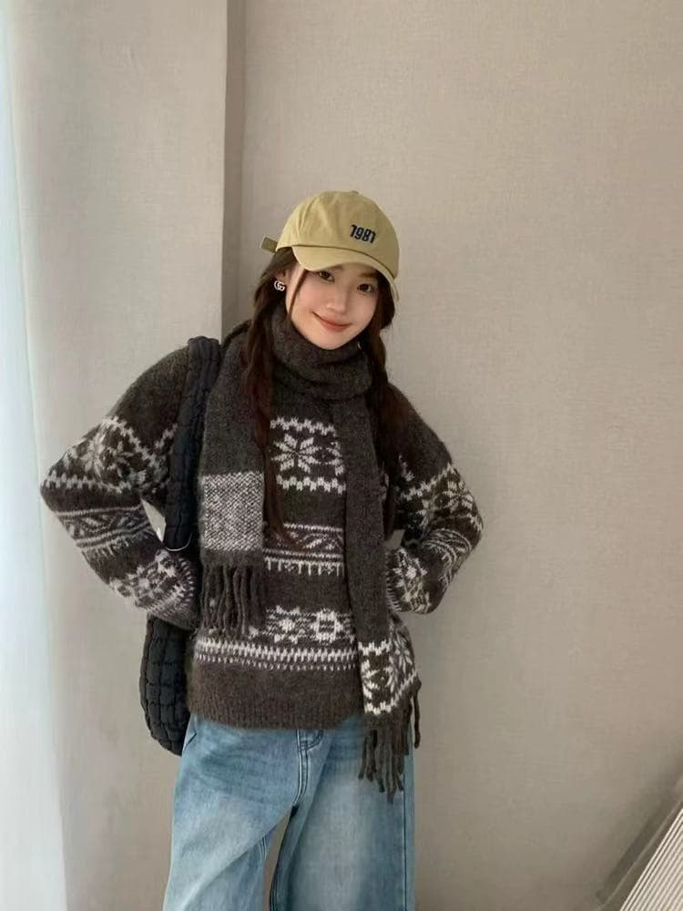 한 부서 새로운 패션 디자인 센스 라운드 넥 레트로 자카드 패치워크 색상 부드러운 찹쌀 니트 스웨터 여성 벨트 스카프 예쁜 스웨터 상세 이미지 14