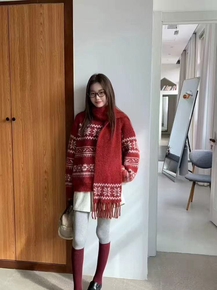 한 부서 새로운 패션 디자인 센스 라운드 넥 레트로 자카드 패치워크 색상 부드러운 찹쌀 니트 스웨터 여성 벨트 스카프 예쁜 스웨터 상세 이미지 17