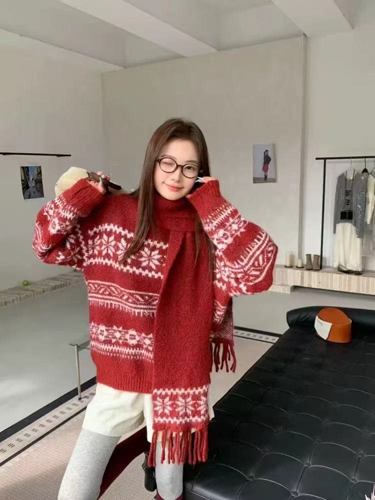 한 부서 새로운 패션 디자인 센스 라운드 넥 레트로 자카드 패치워크 색상 부드러운 찹쌀 니트 스웨터 여성 벨트 스카프 예쁜 스웨터 상세 이미지 19