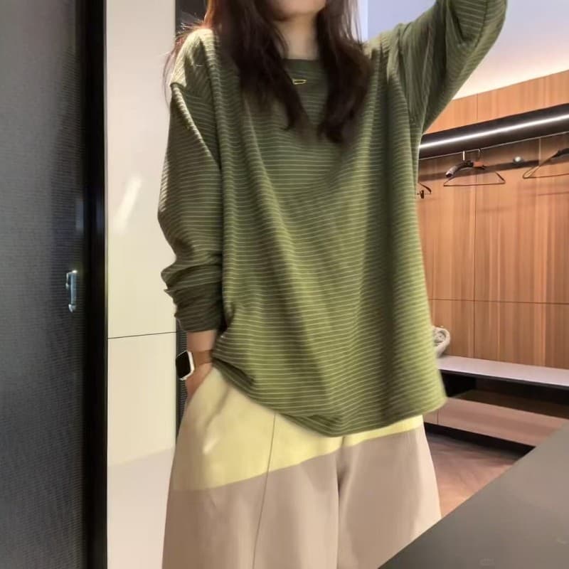 케이블 루오 Na 네클라인 디스플레이 화이트 레트로 짙은 녹색 자카드 스트라이프 긴팔 미니멀리즘 한국 스타일 슬림해 보이는 다용도 티셔츠 기본 셔츠 상세 이미지 2