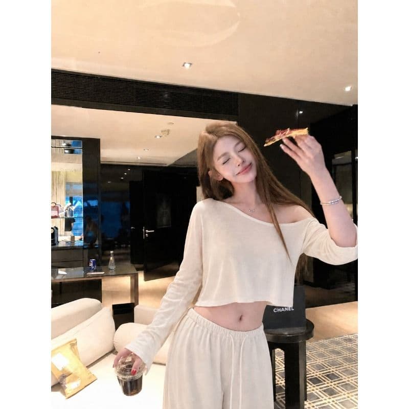 원본 사람들 면 260 그램 느긋한 바람 캐주얼 루즈핏 비스듬한 어깨 긴팔 티셔츠 여성 가을 핫걸 맨위