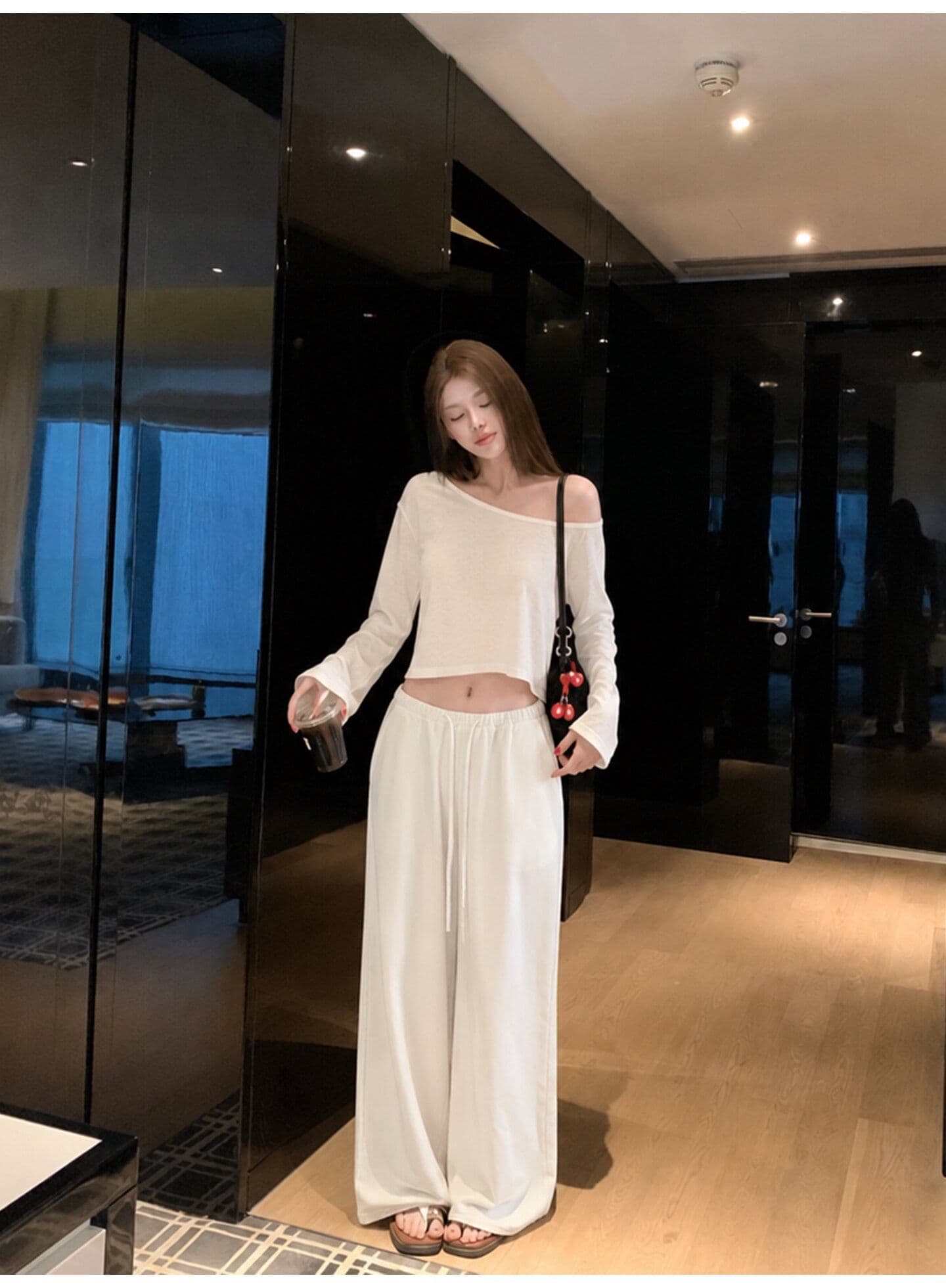 원본 사람들 면 260 그램 느긋한 바람 캐주얼 루즈핏 비스듬한 어깨 긴팔 티셔츠 여성 가을 핫걸 맨위 상세 이미지 7