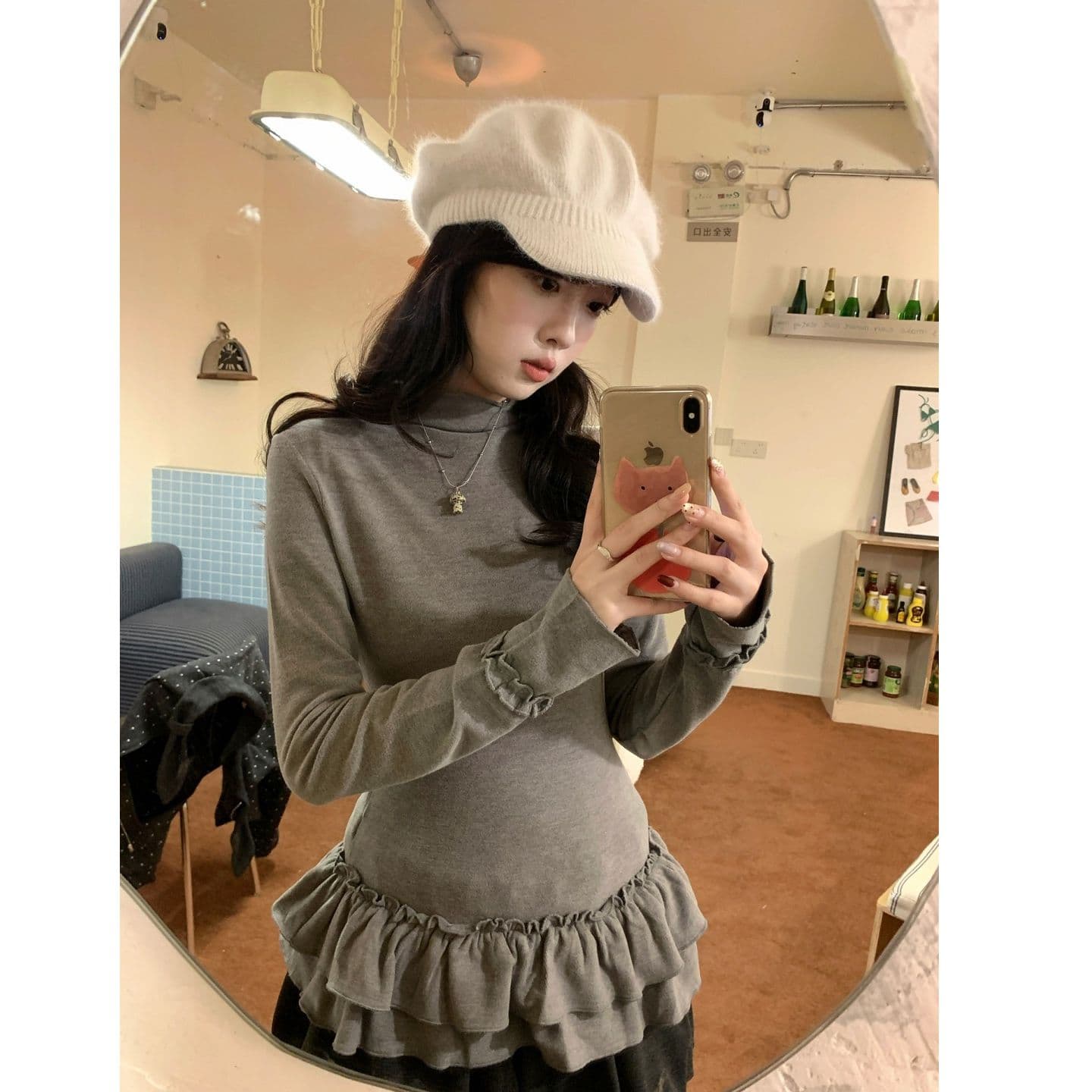 에어로빅 De 플러시 회색 목이버섯 레이스 패치워크 터틀넥 긴팔 티셔츠 여성 가을 몸매 가꾸기 슬림해 보이는 기본 셔츠 이미지 3