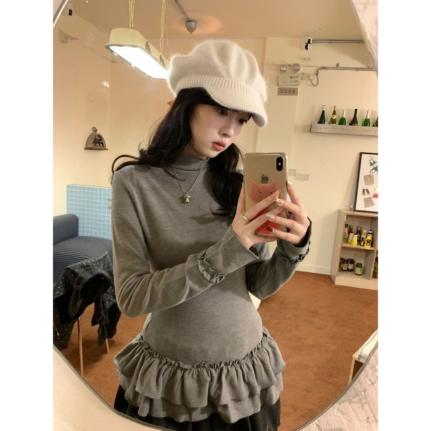 에어로빅 De 플러시 회색 목이버섯 레이스 패치워크 터틀넥 긴팔 티셔츠 여성 가을 몸매 가꾸기 슬림해 보이는 기본 셔츠 상세 이미지 2
