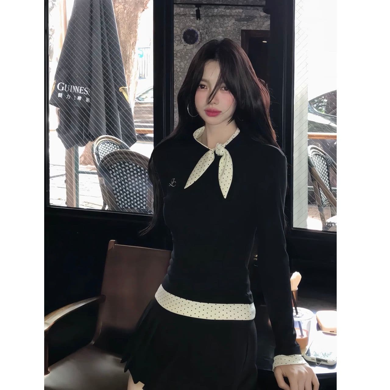 리브 De 플러시 한 부서 나비 매듭 도트 무늬 페이크 레이어드 긴팔 티셔츠 여성 가을 슬림해 보이는 기본 셔츠 맨위 이미지 2