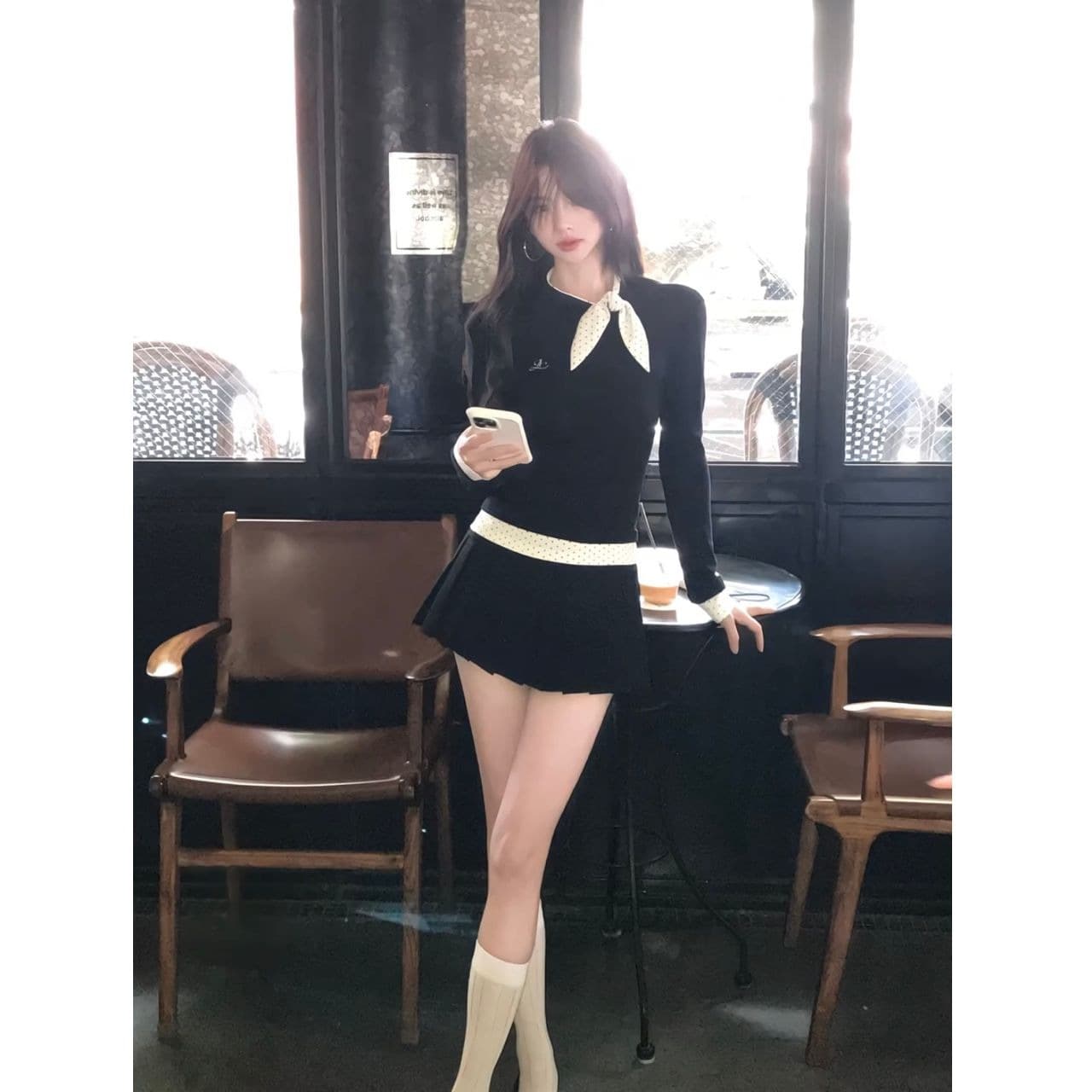 리브 De 플러시 한 부서 나비 매듭 도트 무늬 페이크 레이어드 긴팔 티셔츠 여성 가을 슬림해 보이는 기본 셔츠 맨위 이미지 6