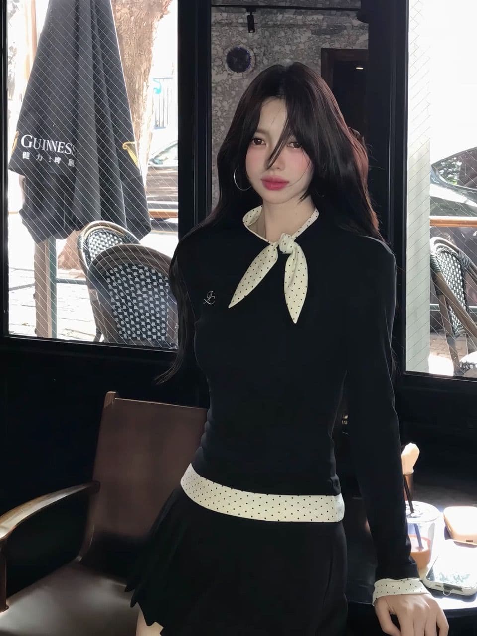 리브 De 플러시 한 부서 나비 매듭 도트 무늬 페이크 레이어드 긴팔 티셔츠 여성 가을 슬림해 보이는 기본 셔츠 맨위 상세 이미지 2