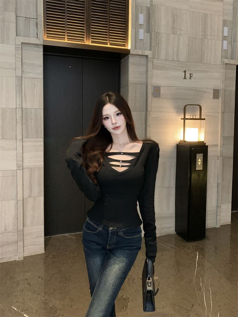 리브 De 플러시 가을 프랑스식 품격 몸매 가꾸기 긴팔 티셔츠 여성 섹시함 인사이드 가져 가라. 기본 셔츠 몸매 가꾸기 맨위 상세 이미지 11