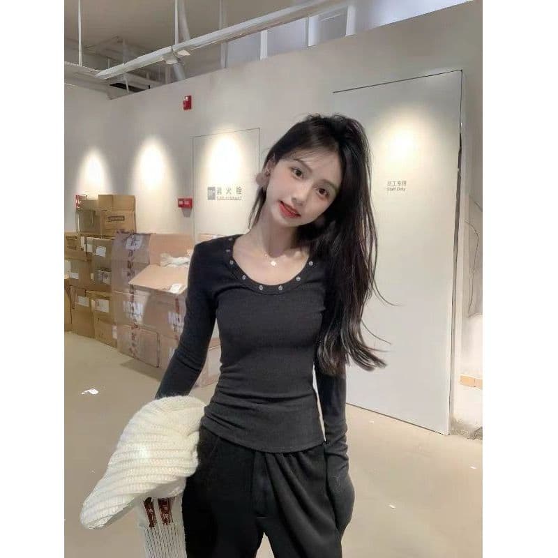 리브 De 플러시 아름다운 몸매 가꾸기 브라운 긴팔 티셔츠 여성 가을 인사이드 가져 가라. 기본 셔츠 디자인 센스 맨위 이미지 4
