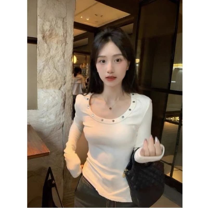 리브 De 플러시 아름다운 몸매 가꾸기 브라운 긴팔 티셔츠 여성 가을 인사이드 가져 가라. 기본 셔츠 디자인 센스 맨위 이미지 5