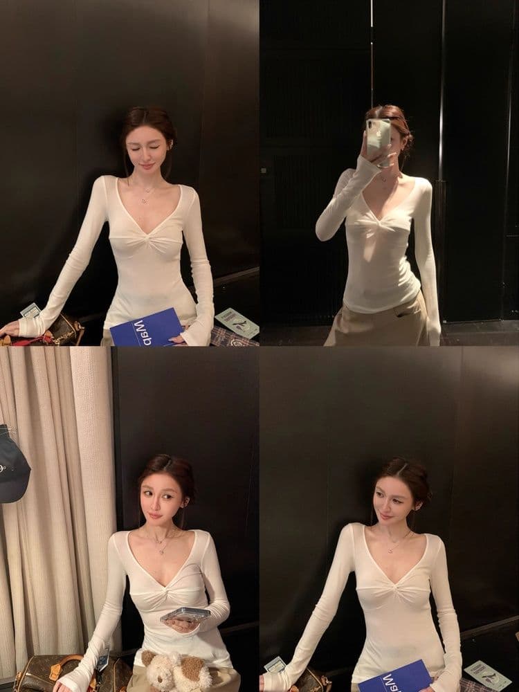 V넥 비틀림 긴팔 기본 셔츠 여성 가을 겨울철 인사이드 가져 가라. 티셔츠 몸매 가꾸기 슬림해 보이는 품격 순수한 욕망 섹시함 핫걸 맨위 상세 이미지 5