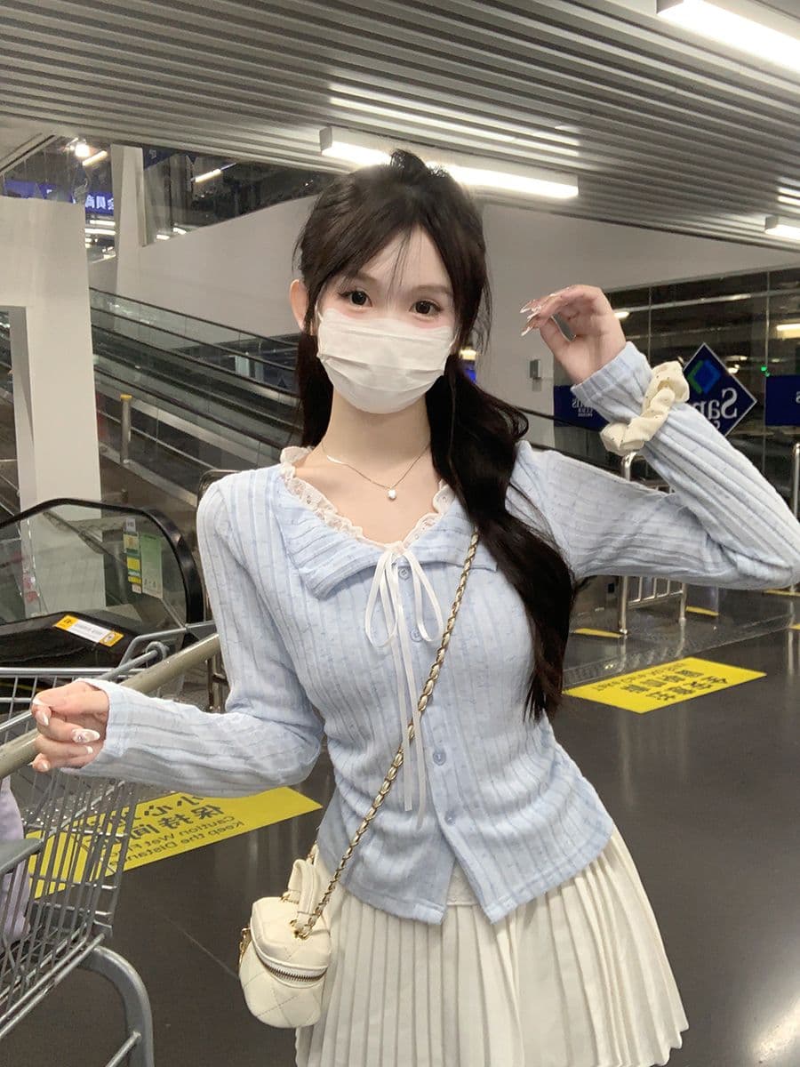 슈퍼 잘 생긴 눈꽃 기사 연삭 털 순수한 욕망 파란색 레이스 페이크 레이어드 긴팔 티셔츠 여성 가을 기본 셔츠 쇼트 스타일 맨위 상세 이미지 14