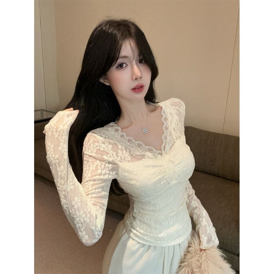 원본 원단 순수한 욕망 섹시함 V넥 홀로우 아웃 맨위 여성 가을 겨울 작은 샤넬 스타일 레이스 기본 셔츠 인사이드 가져 가라. 이미지 4
