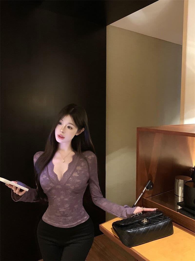 보라색 V넥 레이스 긴팔 티셔츠 여성 가을 겨울 섹시함 품격 허리 수축 몸매 가꾸기 슬림해 보이는 만나는 맨위 상세 이미지 3