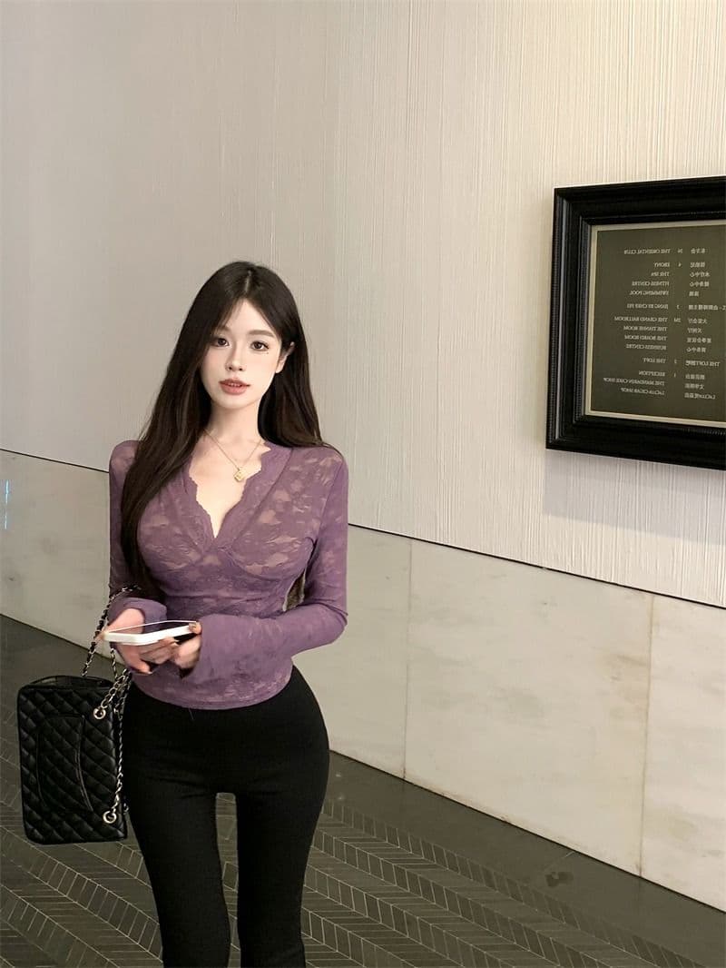 보라색 V넥 레이스 긴팔 티셔츠 여성 가을 겨울 섹시함 품격 허리 수축 몸매 가꾸기 슬림해 보이는 만나는 맨위 상세 이미지 4