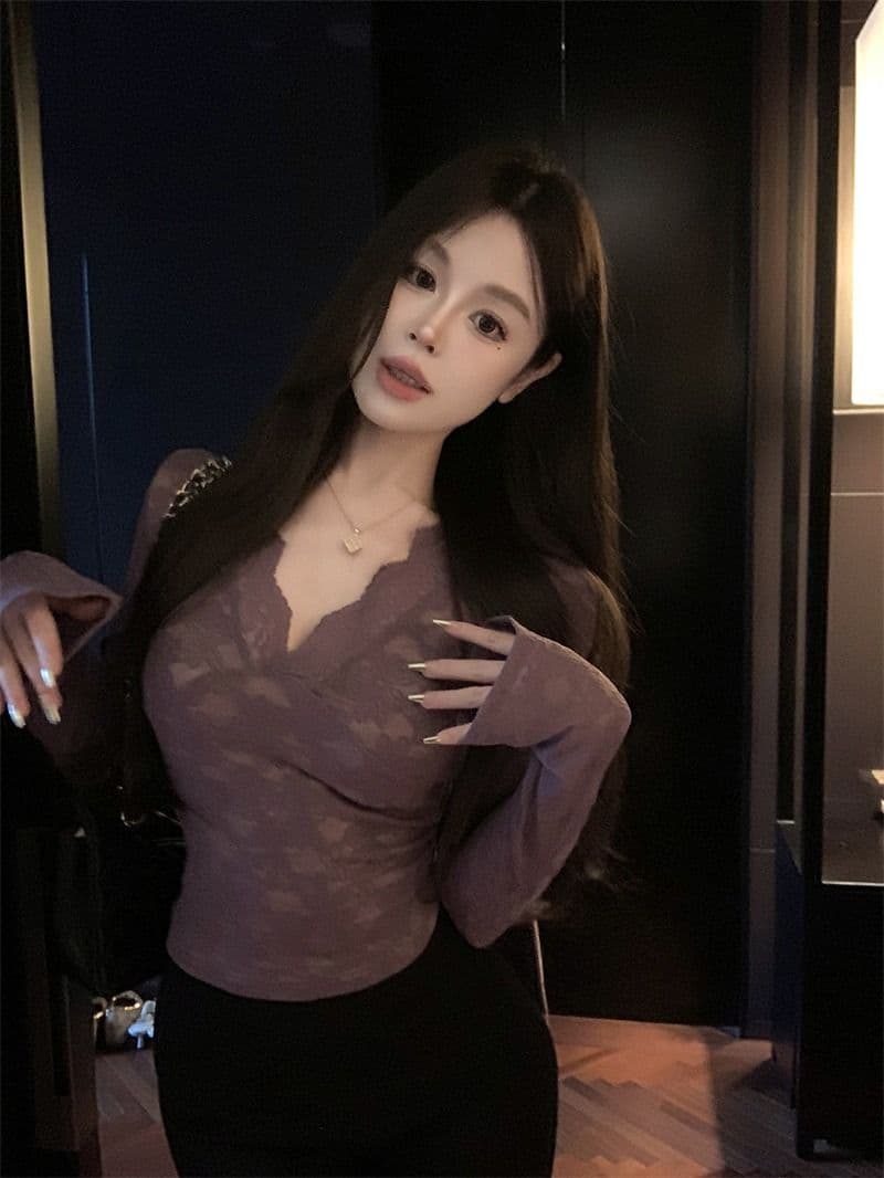 보라색 V넥 레이스 긴팔 티셔츠 여성 가을 겨울 섹시함 품격 허리 수축 몸매 가꾸기 슬림해 보이는 만나는 맨위 상세 이미지 6