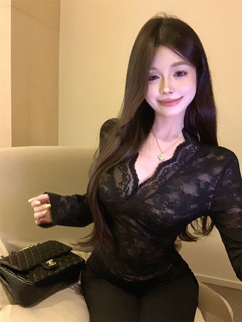 보라색 V넥 레이스 긴팔 티셔츠 여성 가을 겨울 섹시함 품격 허리 수축 몸매 가꾸기 슬림해 보이는 만나는 맨위 상세 이미지 8