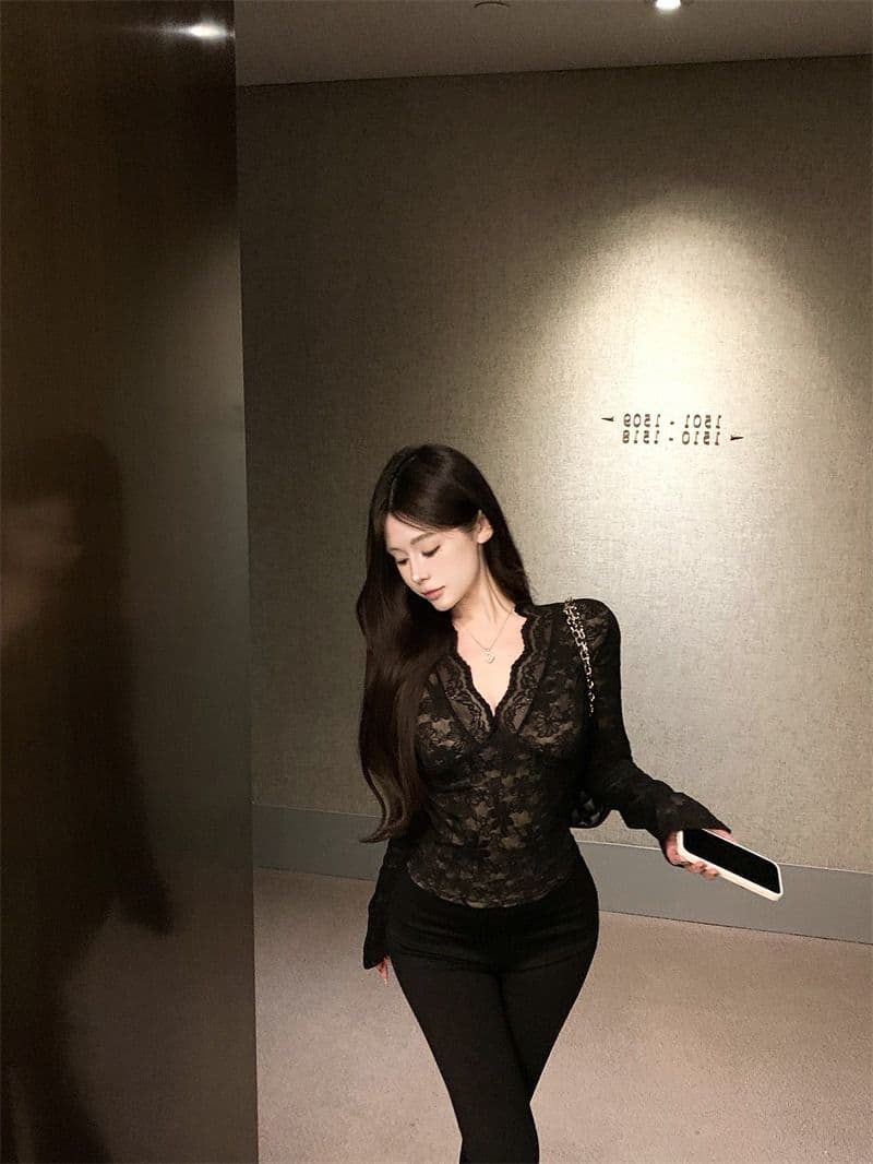 보라색 V넥 레이스 긴팔 티셔츠 여성 가을 겨울 섹시함 품격 허리 수축 몸매 가꾸기 슬림해 보이는 만나는 맨위 상세 이미지 10