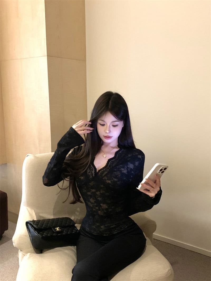 보라색 V넥 레이스 긴팔 티셔츠 여성 가을 겨울 섹시함 품격 허리 수축 몸매 가꾸기 슬림해 보이는 만나는 맨위 상세 이미지 12