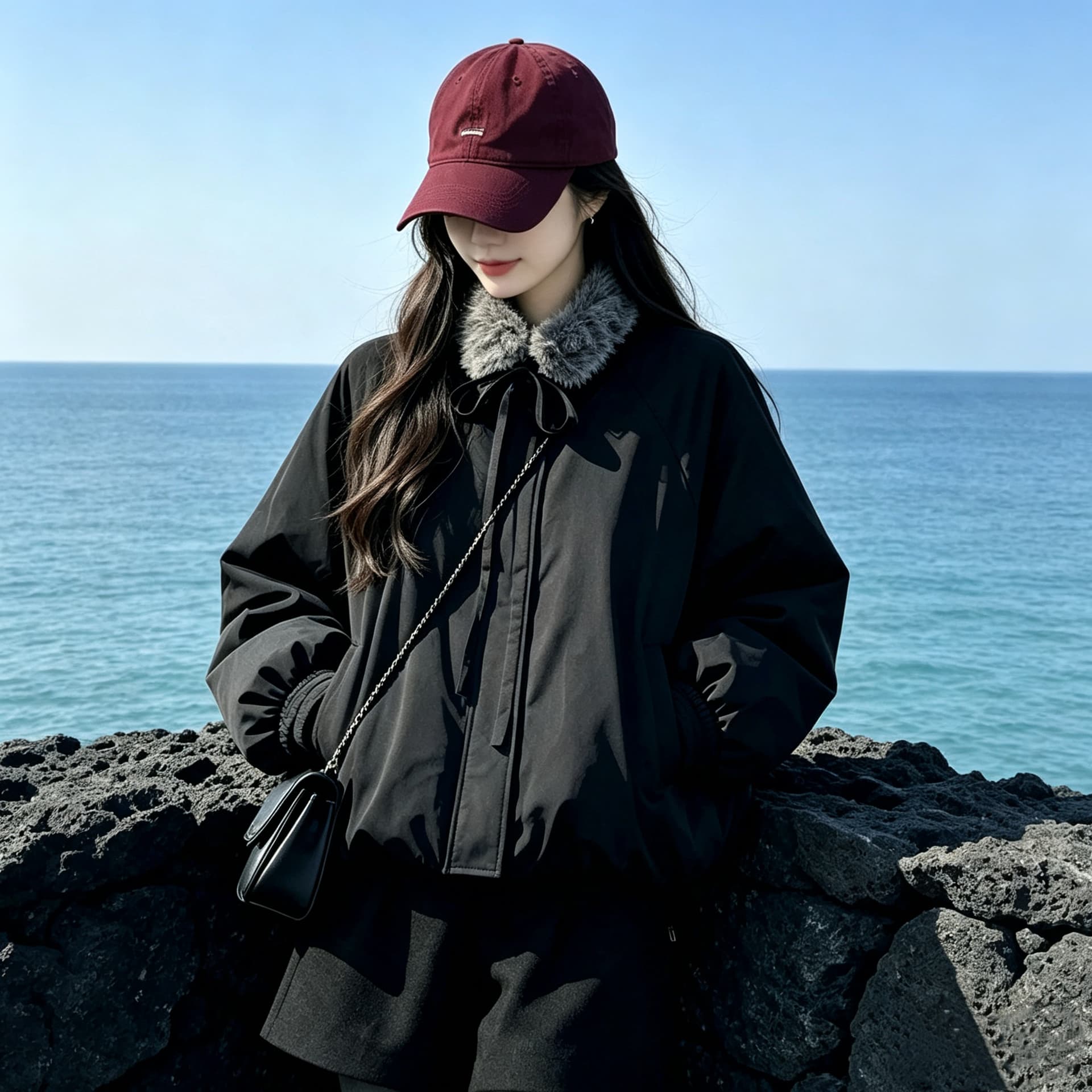new empire26 겨울 새로운 디자인 센스 작은 대중 맨위 모피 칼라 두꺼운 검정색 꽃밭 면 의류 여성 코트
