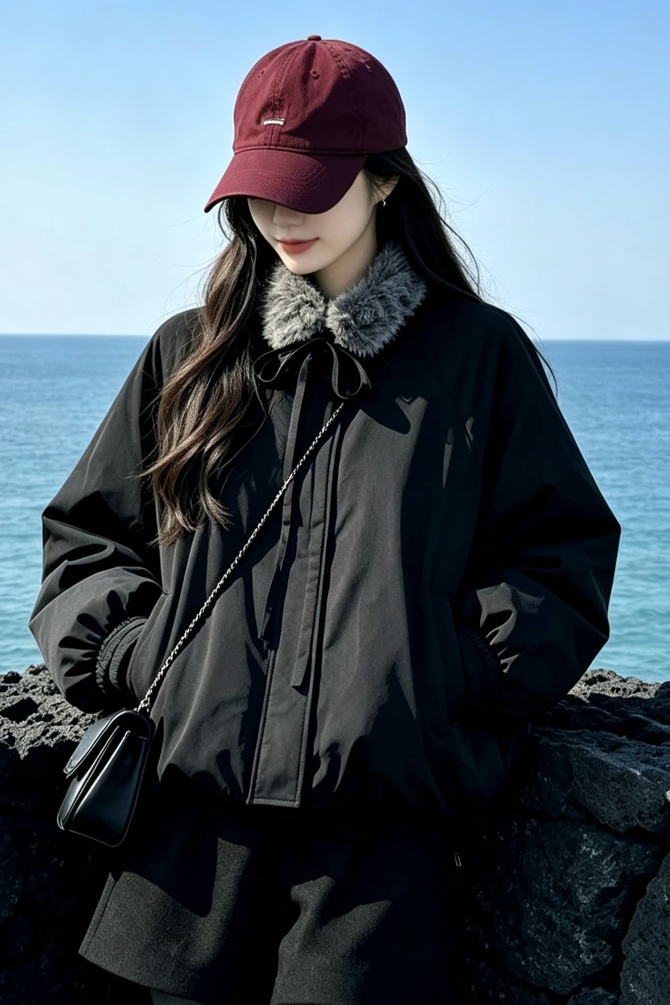 new empire26 겨울 새로운 디자인 센스 작은 대중 맨위 모피 칼라 두꺼운 검정색 꽃밭 면 의류 여성 코트 이미지 6