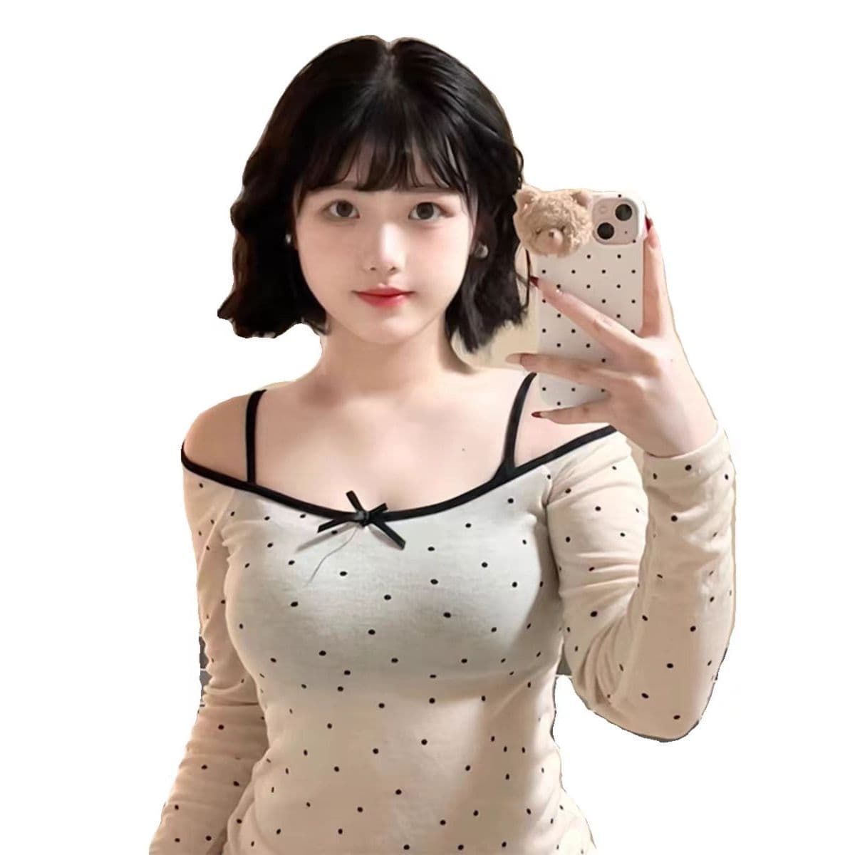 주간 실크 리브 사람들 면 순수한 욕망 오프숄더 도트 무늬 마이크로 ~을 통해 긴팔 여성 여름 블라우스 쇄골 몸매 가꾸기 맨위 이미지 5
