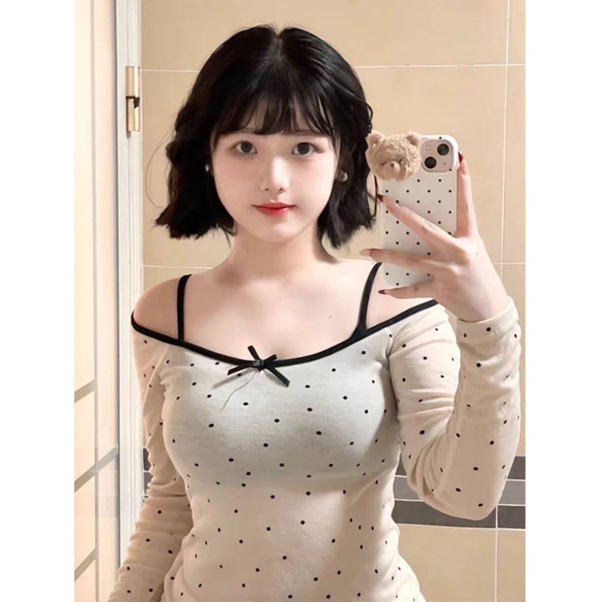 주간 실크 리브 사람들 면 순수한 욕망 오프숄더 도트 무늬 마이크로 ~을 통해 긴팔 여성 여름 블라우스 쇄골 몸매 가꾸기 맨위