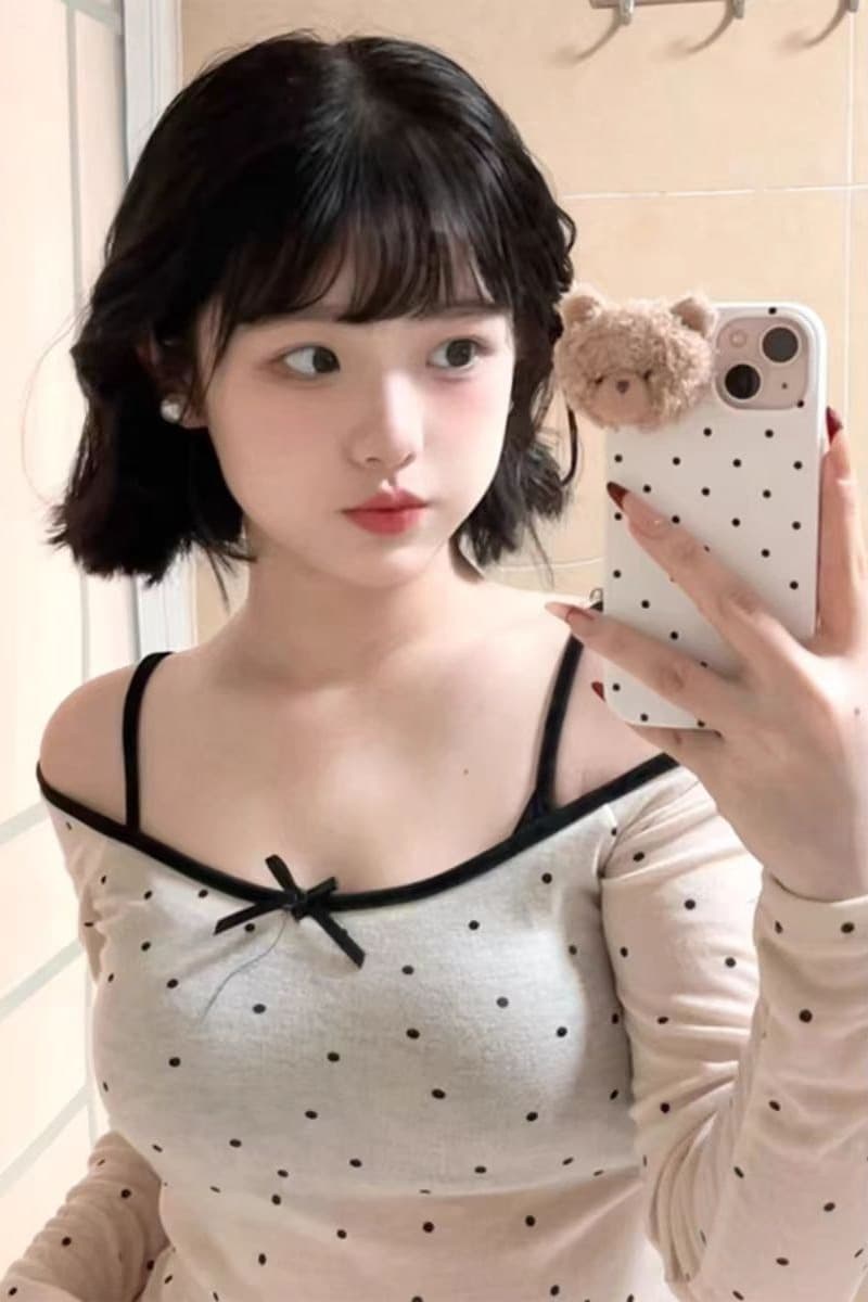 주간 실크 리브 사람들 면 순수한 욕망 오프숄더 도트 무늬 마이크로 ~을 통해 긴팔 여성 여름 블라우스 쇄골 몸매 가꾸기 맨위 이미지 6