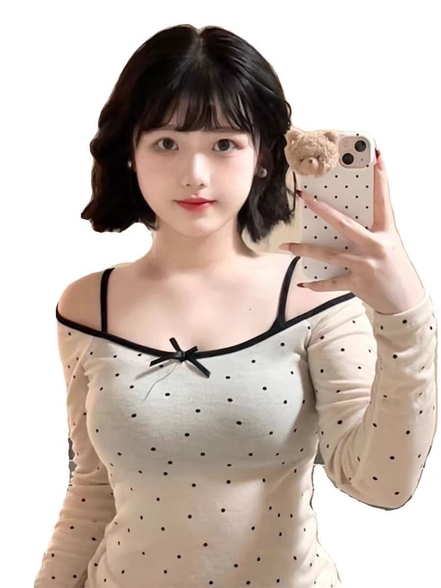 주간 실크 리브 사람들 면 순수한 욕망 오프숄더 도트 무늬 마이크로 ~을 통해 긴팔 여성 여름 블라우스 쇄골 몸매 가꾸기 맨위 상세 이미지 7