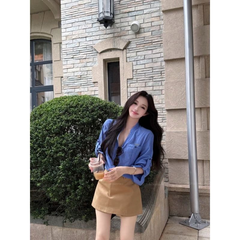 원본 원단 파란색 스탠드 칼라 루즈핏 긴팔 여성 셔츠 여름 V넥 여성 셔츠 이른 봄 가을 셔츠 이미지 4