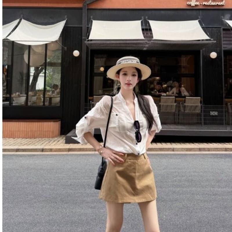 원본 원단 파란색 스탠드 칼라 루즈핏 긴팔 여성 셔츠 여름 V넥 여성 셔츠 이른 봄 가을 셔츠