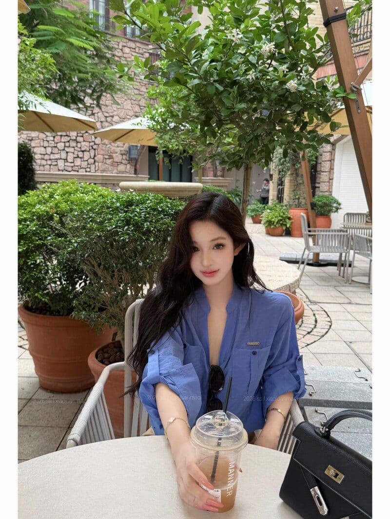 원본 원단 파란색 스탠드 칼라 루즈핏 긴팔 여성 셔츠 여름 V넥 여성 셔츠 이른 봄 가을 셔츠 상세 이미지 3