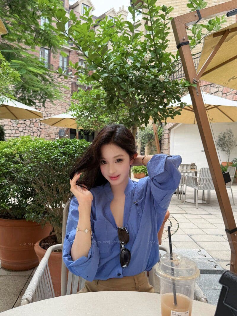 원본 원단 파란색 스탠드 칼라 루즈핏 긴팔 여성 셔츠 여름 V넥 여성 셔츠 이른 봄 가을 셔츠 상세 이미지 6