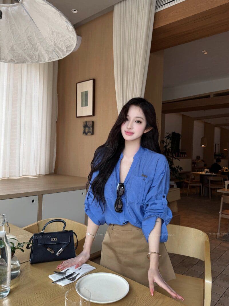 원본 원단 파란색 스탠드 칼라 루즈핏 긴팔 여성 셔츠 여름 V넥 여성 셔츠 이른 봄 가을 셔츠 상세 이미지 7
